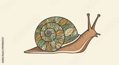 Artistic snail with a shell decorated with colorful leaves.