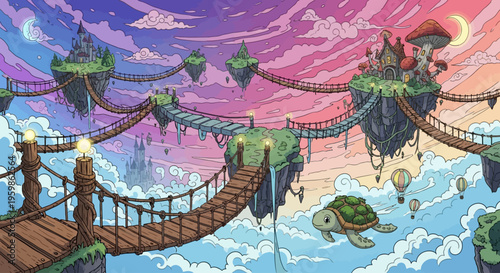 Fotografia Fantasy world with floating islands, bridges, and a turtle.