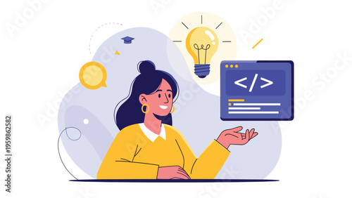 Young woman thinking of a light bulb idea while holding a digital coding icon in a creative illustration about software development and learning.