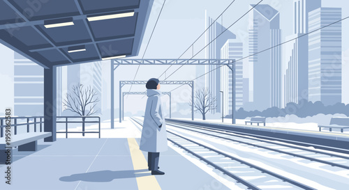 Minimalist vector illustration of a person waiting at a snowy winter train station