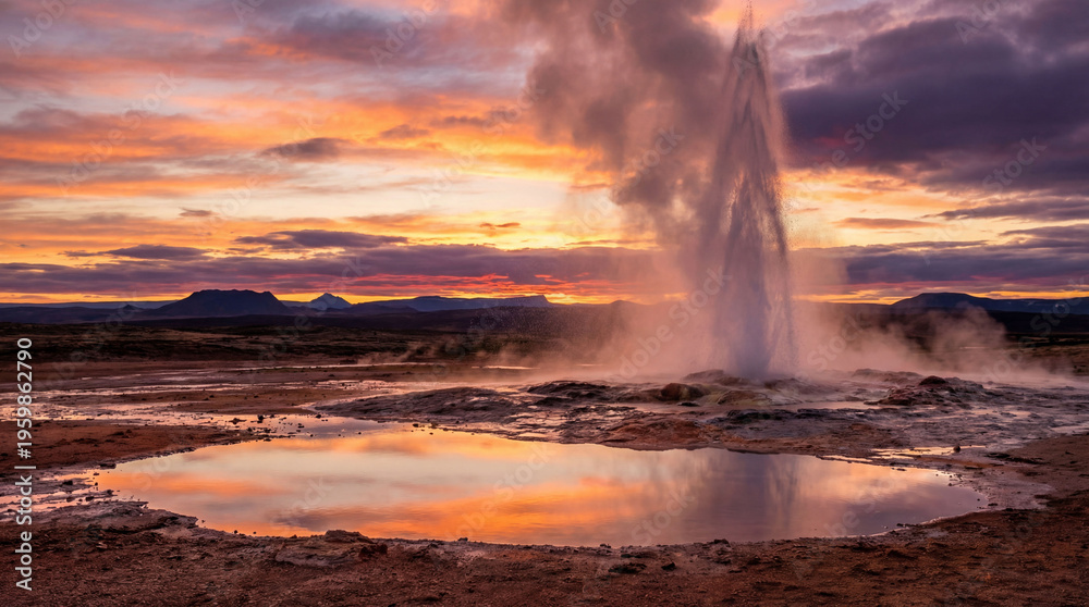 Fototapeta premium Geyser erupting with steam and water against a colorful sunset sky, reflecting in a nearby pool, surrounded by rugged terrain and distant mountains in Iceland