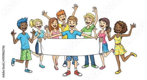 Diverse group of happy teenagers holding a blank white banner for copy space