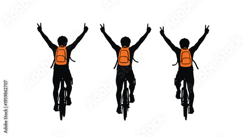 Three silhouettes of cyclists with backpacks raising their hands in victory while riding their bikes on a white background in a flat design style.