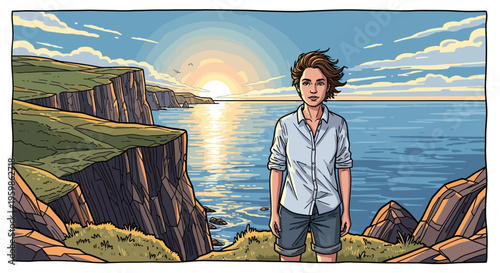 Young person stands on a cliff overlooking a beautiful ocean sunset.