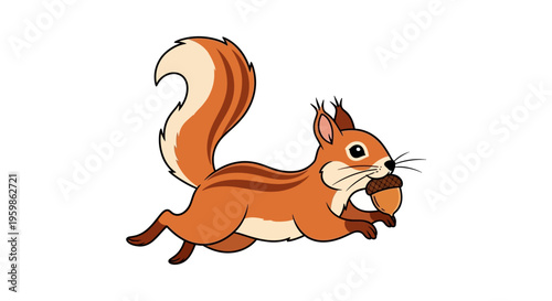 A cute cartoon squirrel is running with an acorn in its mouth.