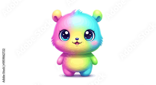 Cute rainbow colored cartoon bear standing on a white background.