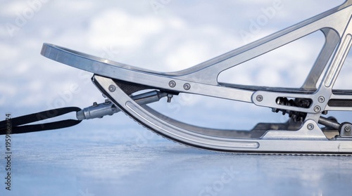 Sleek metallic sled with curved runners and a black strap positioned on a smooth, icy surface under a soft blue sky backdrop