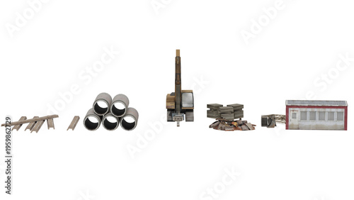 Low poly construction assets for 3D projects including pipes timber and machinery for various scenes and settings