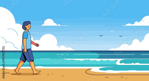 Person walking on a sandy beach by the ocean.