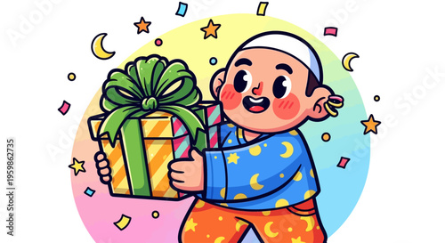 Happy child holding a gift box with ribbons and bows.