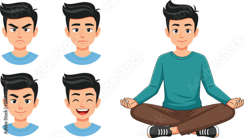 Cartoon Young Man Character with Facial Expressions and Meditation Pose, Including Happy, Angry, Neutral Faces for Relaxation, Mindfulness, and Avatar Vector Illustration Set.