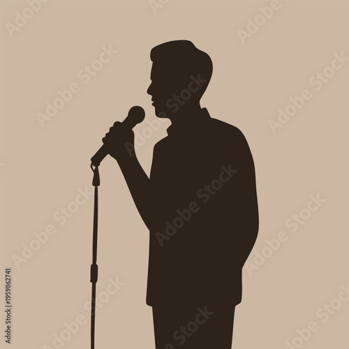 Person with microphone. Cut out figure silhouette. Hand drawn modern Vector illustration. Singer, comedy performance, stand up, podcast, public speaking, conference concept. Isolated design element