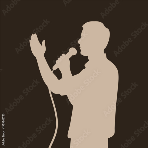 Person with microphone. Cut out figure silhouette. Hand drawn modern Vector illustration. Singer, comedy performance, stand up, podcast, public speaking, conference concept. Isolated design element