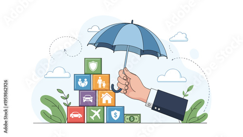 Giant hand holding an umbrella to protect a stack of cubes representing different insurance types like car, home, health, and travel on a flat sky.