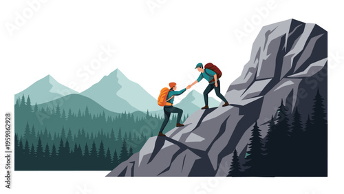 Male hiker helping another person climb up a steep rocky mountain in a conceptual illustration of teamwork, support, and friendship in wilderness.