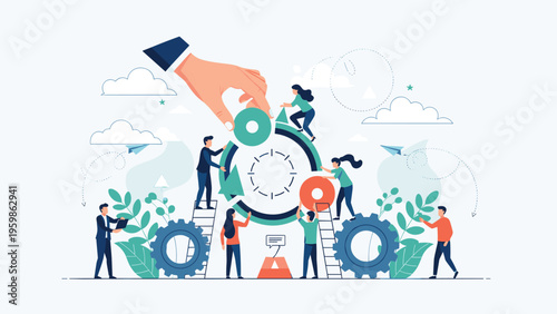 Group of miniature people working together to repair a large circular machine with gears in a conceptual illustration of teamwork and maintenance.