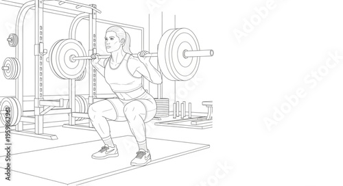 Line Art of a Weightlifter Performing a Barbell Squat.