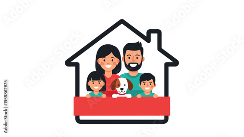 Happy family and their pet dog gathered inside a simple house outline above a red ribbon banner for real estate and home insurance advertisements.