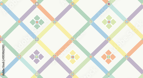 Colorful diagonal lines and small squares form a decorative lattice grid on light background, playful pastel palette