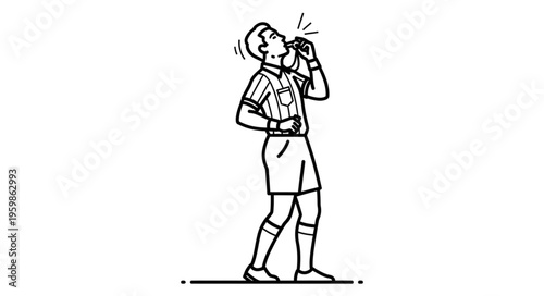 Line Drawing of a Referee Blowing a Whistle During a Game.
