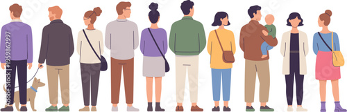 Diverse group of people standing in row from back view wearing casual outfits and holding bags in flat design.