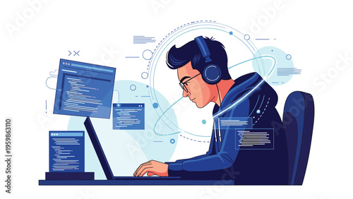 Young man with headphones working on a laptop while surrounded by digital floating code windows in a professional software development workspace.