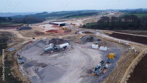 Aerial view of civil infrastructure construction around road building. A417, Cotswolds, UK