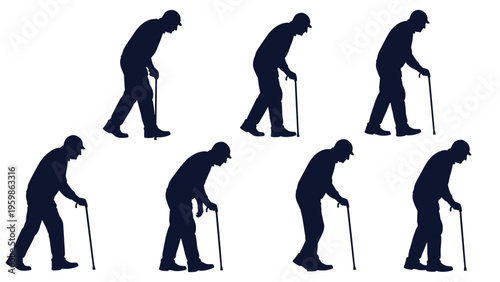 Silhouette sequence of an elderly man with a walking stick in various walking poses isolated on a white background for animation or design layout.