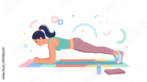 Woman performing a plank exercise on a yoga mat.