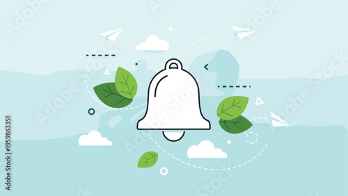 White notification bell icon with a vibration signal surrounded by green leaves and paper planes on a soft blue background for app design themes.