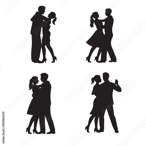 A stylized graphic illustration featuring the silhouettes of three people standing together closely Vector