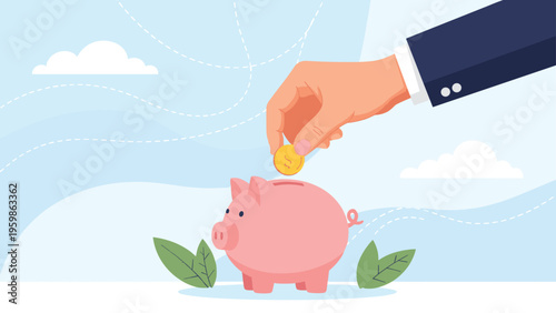 Hand putting a golden coin into a pink piggy bank in a conceptual illustration of savings, financial planning, and personal investment in future.