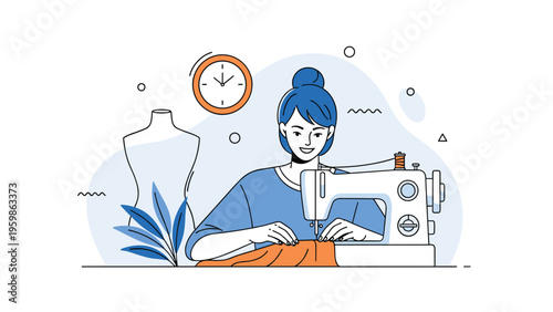 Young woman sewing orange fabric with a modern sewing machine in a creative workspace with a mannequin and a wall clock for fashion design themes.