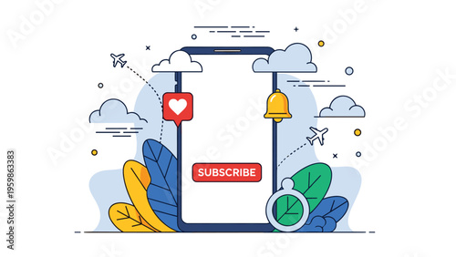 Smartphone display showing social media subscribe button with notification bell and heart icons surrounded by nature elements.