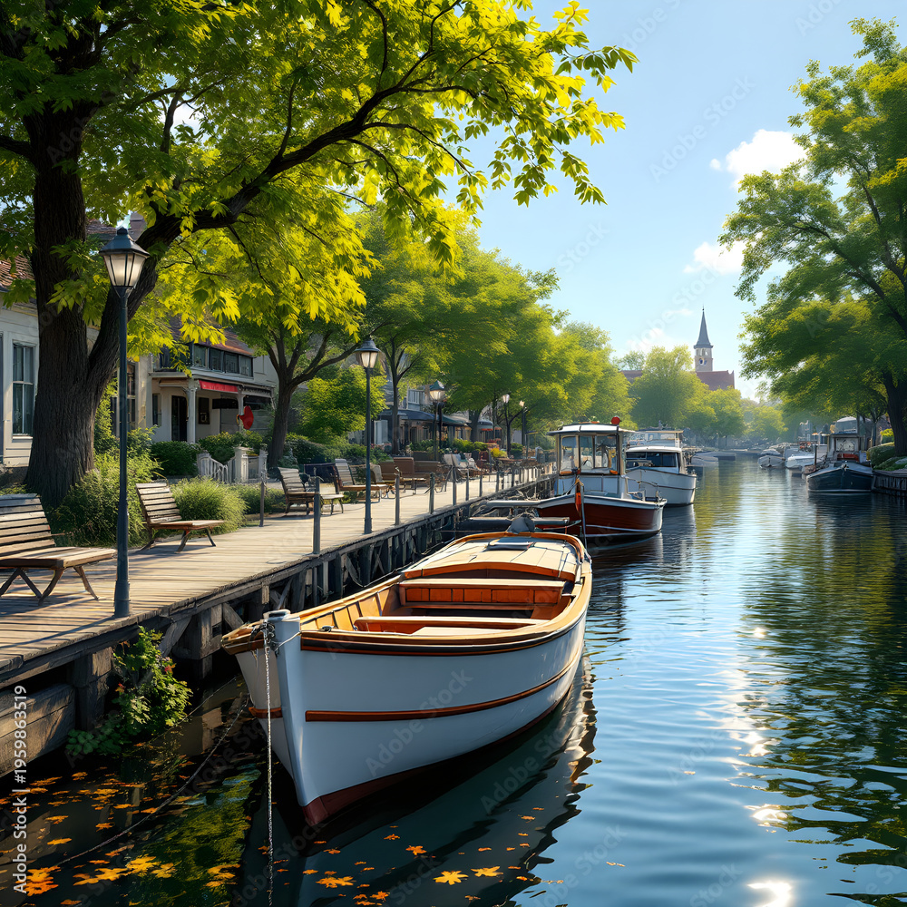 Obraz premium Canal scene with boats and trees