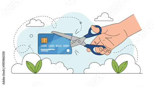 Large hand using scissors to cut a blue credit card in half representing debt relief and financial freedom in a vector scene.