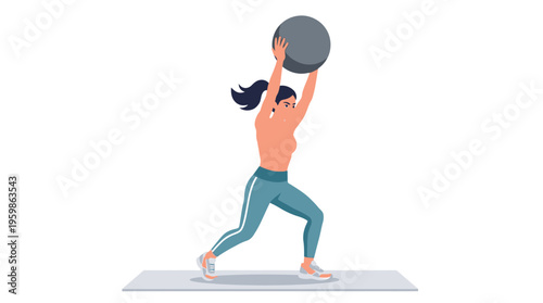 Woman performing medicine ball overhead lunge exercise.