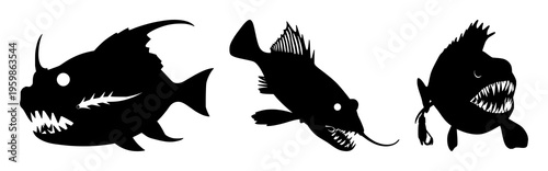Deep sea anglerfish set with solid black silhouette and glowing lure detail featuring jagged teeth, high contrast, luminous lure with marine and nocturnal
