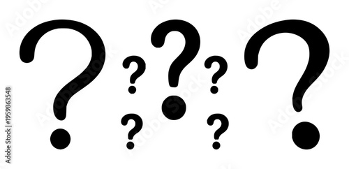 Question mark silhouette set with minimal black outline design featuring typographic symbols, language icons, punctuation with vector illustration and graphic design