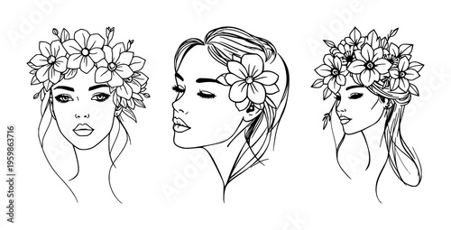 Line art woman with flowers set with stylized floral headband featuring abstract minimalist portrait, female figure, line drawing, vector illustration with flowers and silhouettes