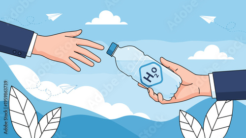 Hand in a suit passing a clear bottle of water labeled H2O to another hand representing hydration, health, and clean water access for all.