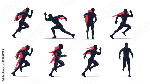 Eight dynamic silhouettes of a male runner in various poses with red motion effects symbolizing speed, power, and athletic performance.