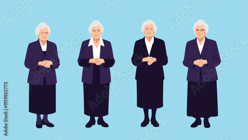 Four similar illustrations of an elderly woman with white hair wearing a dark purple suit and glasses standing in a professional pose.