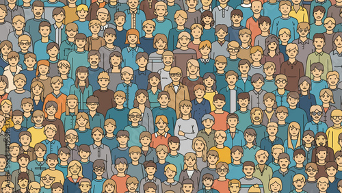 Large diverse crowd of people with various hairstyles, skin tones, and clothing styles representing community, unity, and global population.