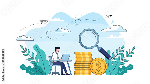 Professional analyst searching for financial opportunities with a magnifying glass next to stacks of gold coins and computer.