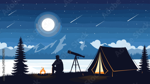 Peaceful night landscape of a person camping by a lake looking at the full moon through a telescope next to a campfire.