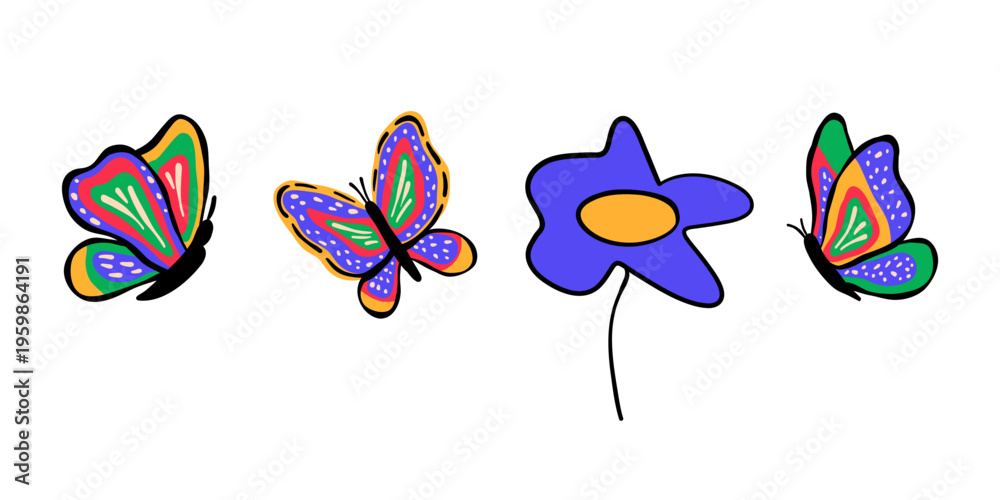 Fototapeta premium Colorful doodle butterflies and flower set