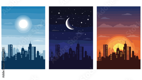 Three vertical panels showcasing a modern city skyline during broad daylight at midnight with stars and during a beautiful orange sunset.