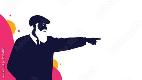 Profile silhouette of a bearded man wearing a flat cap and formal suit pointing his finger towards an empty white space for text or graphics.