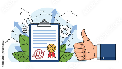 Large hand giving a thumbs up next to a clipboard holding a certified document with golden seal and red stamp against a technical background.